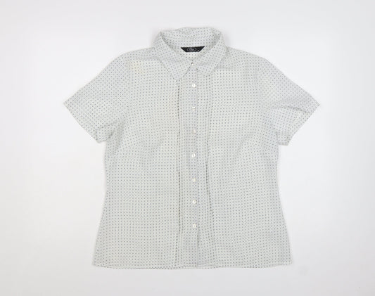 Bm Womens White Polka Dot Short Sleeve Button-Up Blouse Size 14