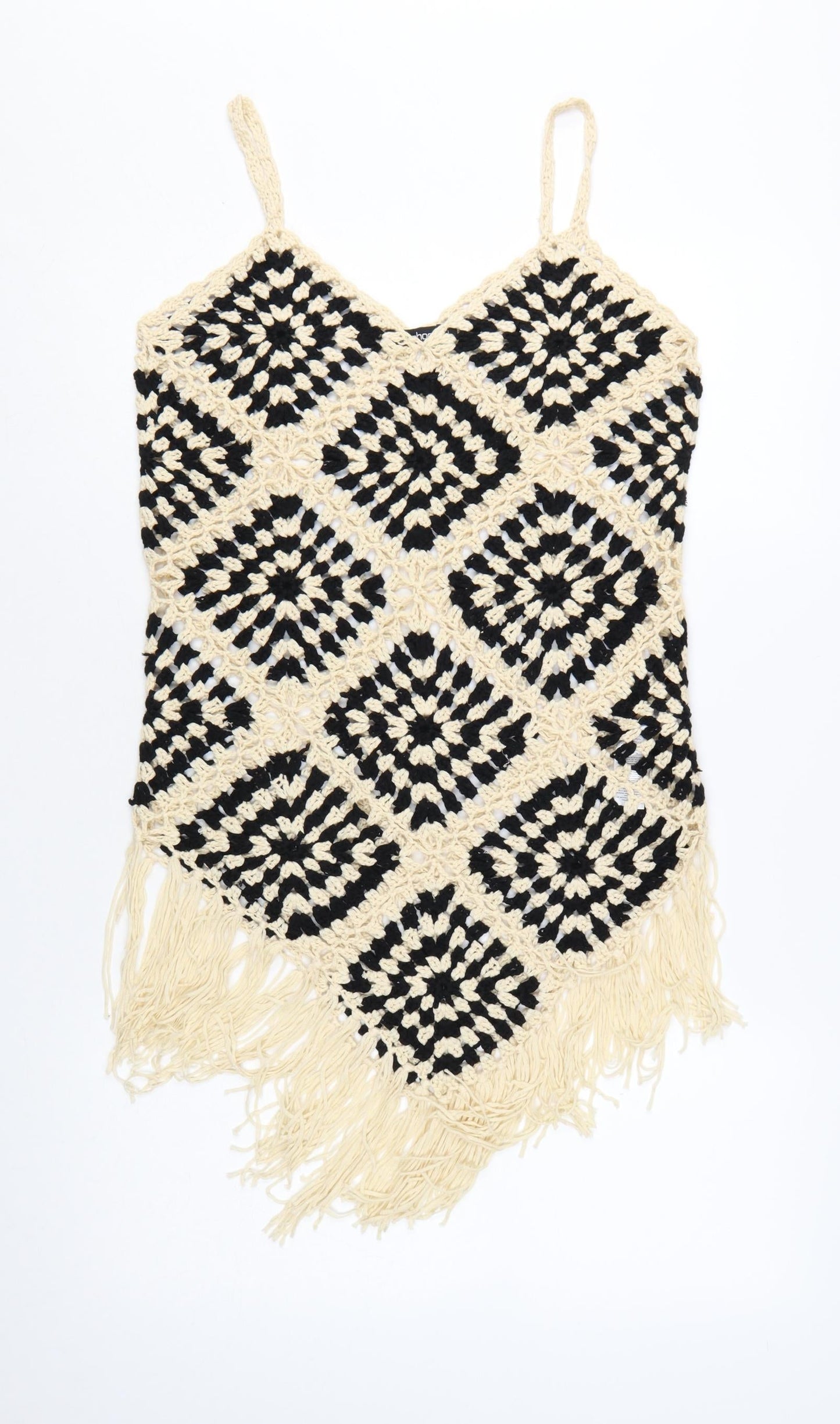 Boohoo Women's Black Beige Crochet Fringe Camisole Top Size L