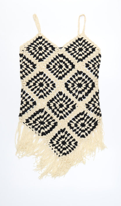 Boohoo Women's Black Beige Crochet Fringe Camisole Top Size L