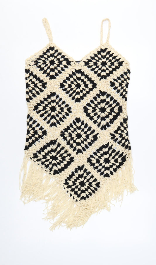 Boohoo Women's Black Beige Crochet Fringe Camisole Top Size L