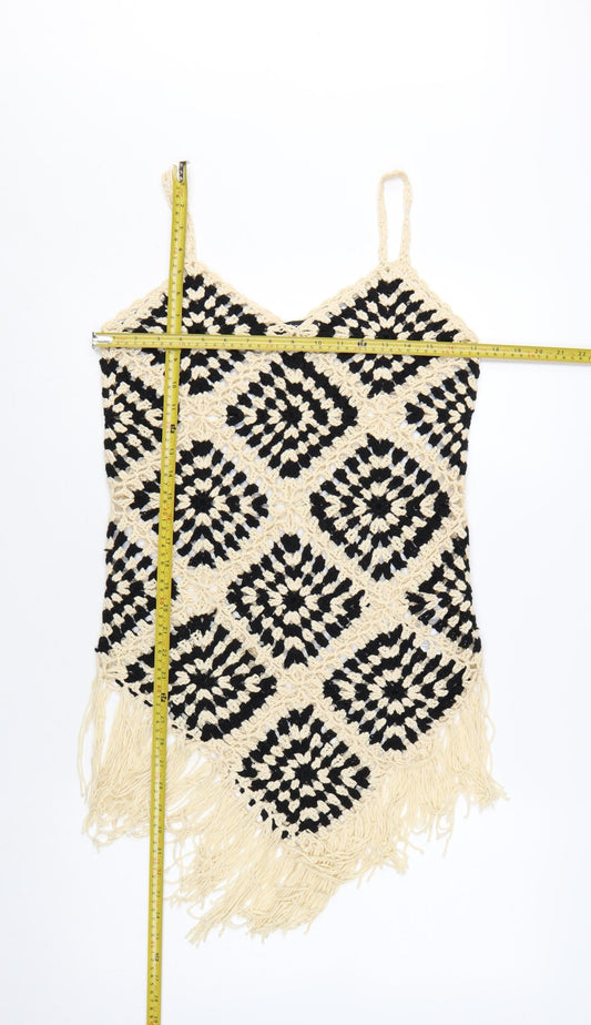 Boohoo Women's Black Beige Crochet Fringe Camisole Top Size L