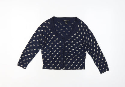 Mango Women Navy Blue Bow Knit Cardigan Jumper Size M V-Neck