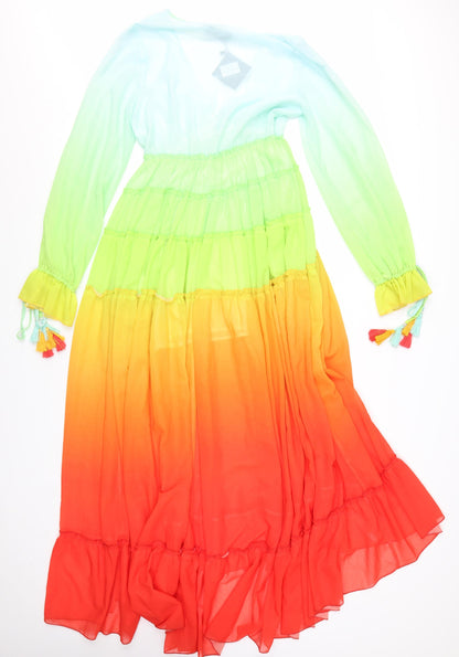 F&P Womens Multicoloured Midi Maxi Dress S Boho Tassel Long Sleeve V-Neck