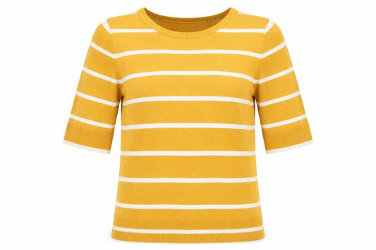 Front view of 89th + Madison Women Yellow Striped 3/4 Sleeve jumper L