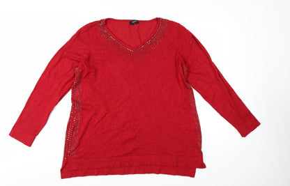 Klass Women Red 2XL V-Neck Rhinestone Long Sleeve Pullover Jumper
