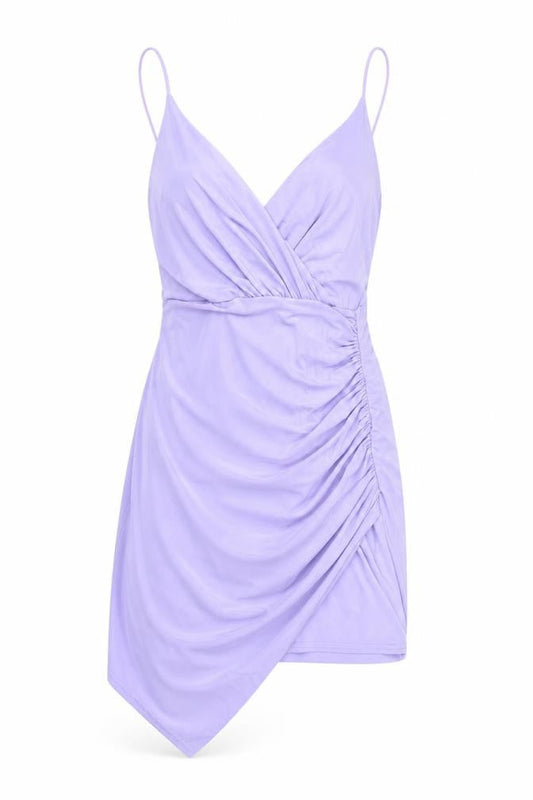 Front view of Missguided women’s purple, size UK 8, wrap ruched mini dress
