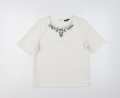 Warehouse Women Ivory Beaded Short Sleeve Blouse UK 10