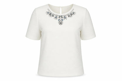 Warehouse Women Ivory Beaded Short Sleeve Blouse UK 10