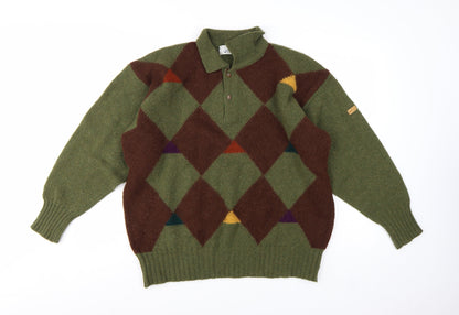 Pringle of Scotland Men's Green Argyle Wool Henley Jumper M