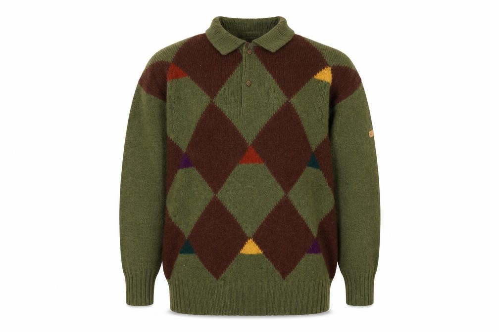Pringle of Scotland Men's Green Argyle Wool Henley Jumper M