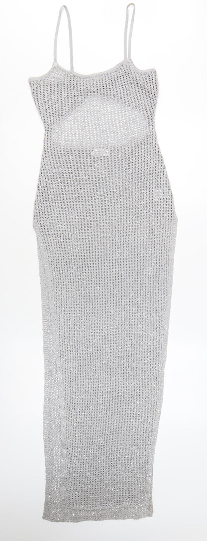 Meshki Women Silver Sequin Knit Long Slip Dress XS