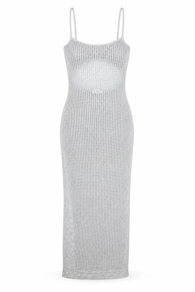 Meshki Women Silver Sequin Knit Long Slip Dress XS
