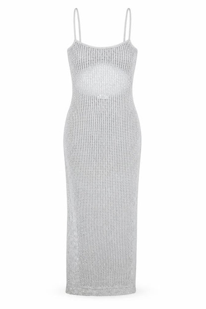 Meshki Women Silver Sequin Knit Long Slip Dress XS