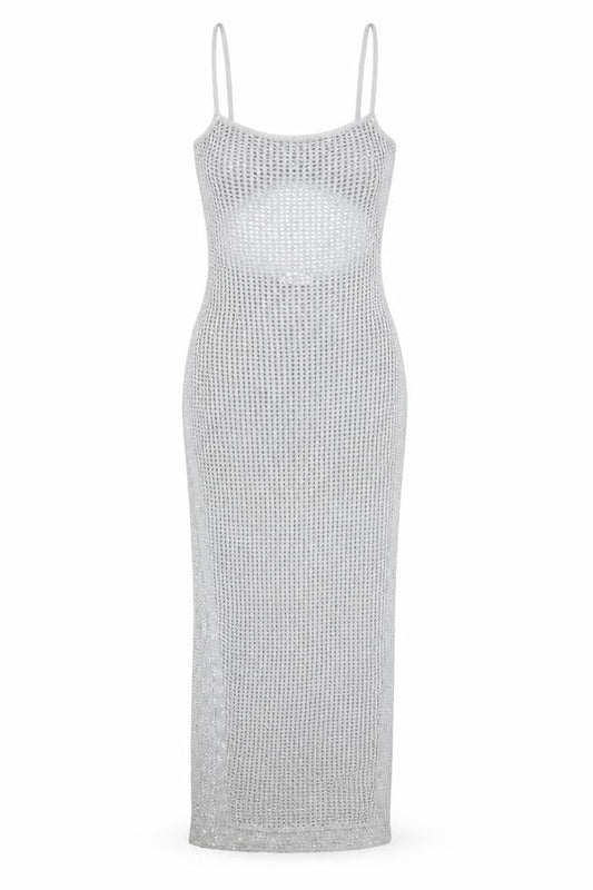 Meshki Women Silver Sequin Knit Long Slip Dress XS