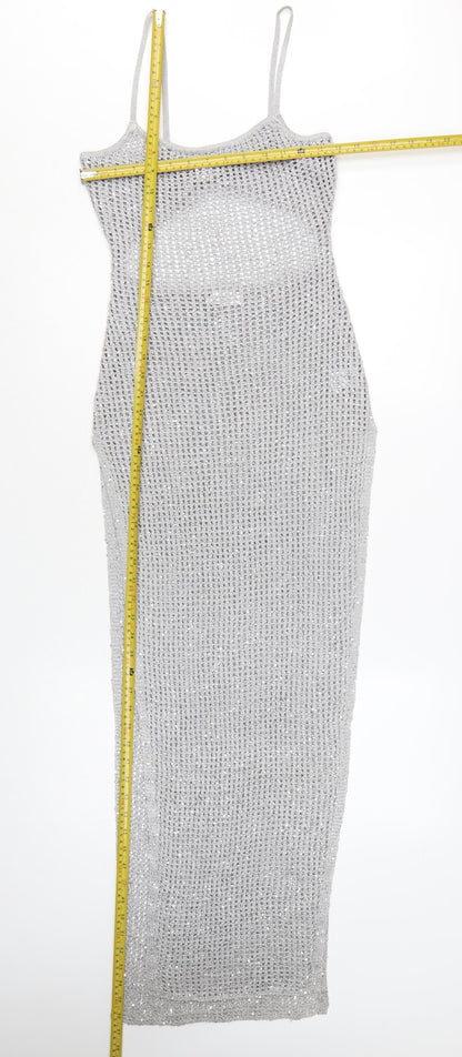 Meshki Women Silver Sequin Knit Long Slip Dress XS