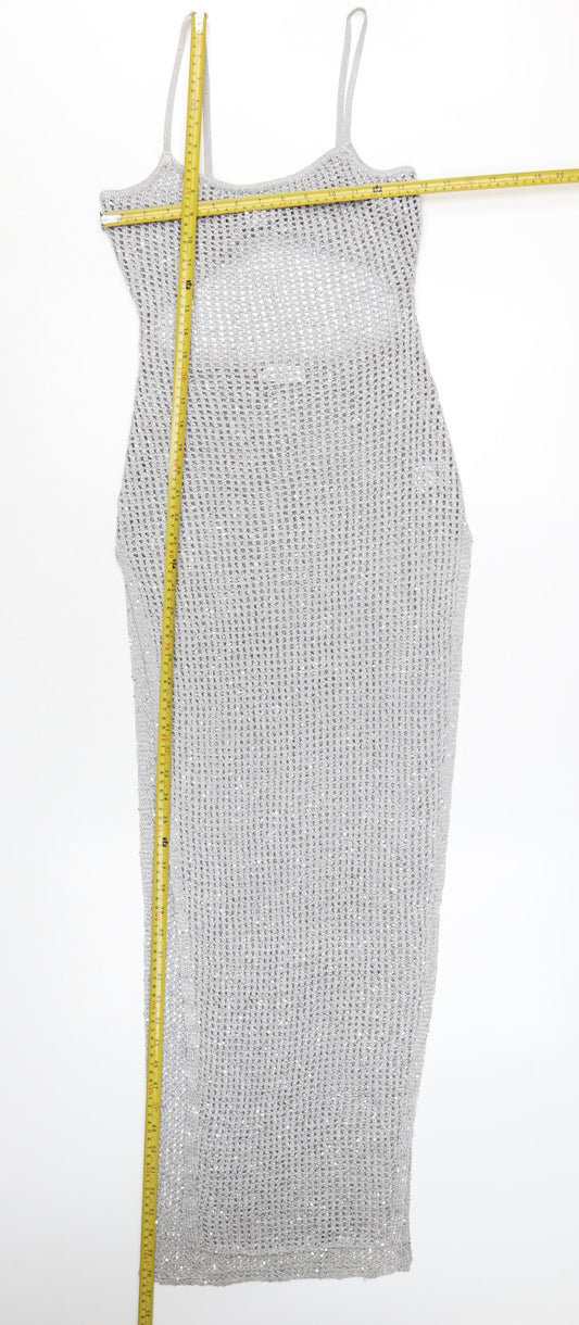 Meshki Women Silver Sequin Knit Long Slip Dress XS