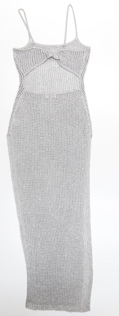 Meshki Women Silver Sequin Knit Long Slip Dress XS