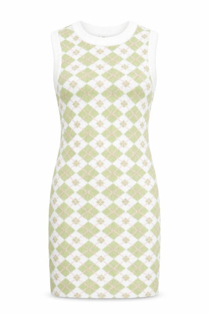 Bershka Women Green Argyle Knit Bodycon Sleeveless Dress XS