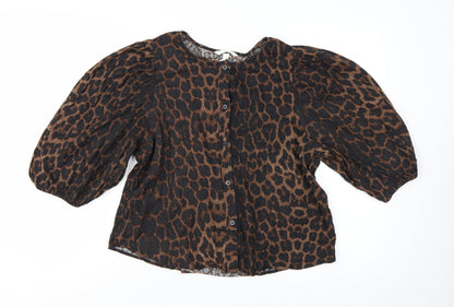 H&M Women’s Brown Leopard Print Linen Blend Puff Sleeve Blouse Size 14