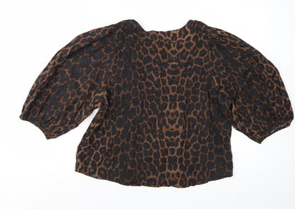 H&M Women’s Brown Leopard Print Linen Blend Puff Sleeve Blouse Size 14