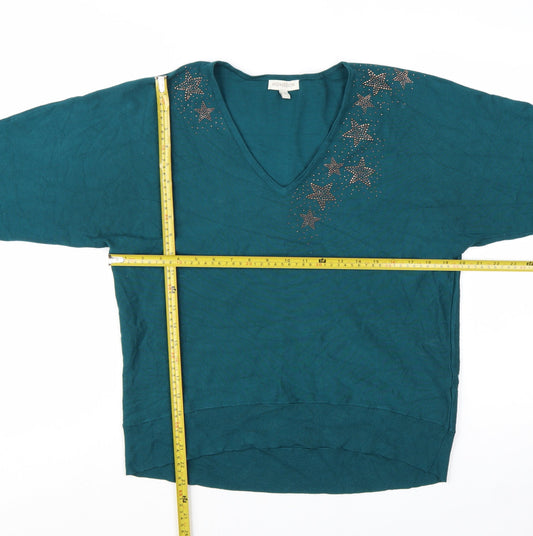 Monsoon Womens Green V-Neck Star Rhinestone Pullover Jumper Size M
