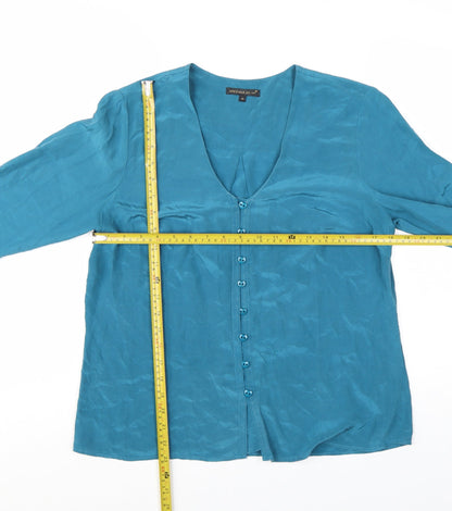 Marks and Spencer Per Una Blue Silk Long Sleeve V-Neck Blouse Size 14
