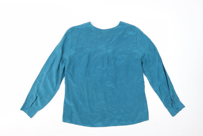 Marks and Spencer Per Una Blue Silk Long Sleeve V-Neck Blouse Size 14