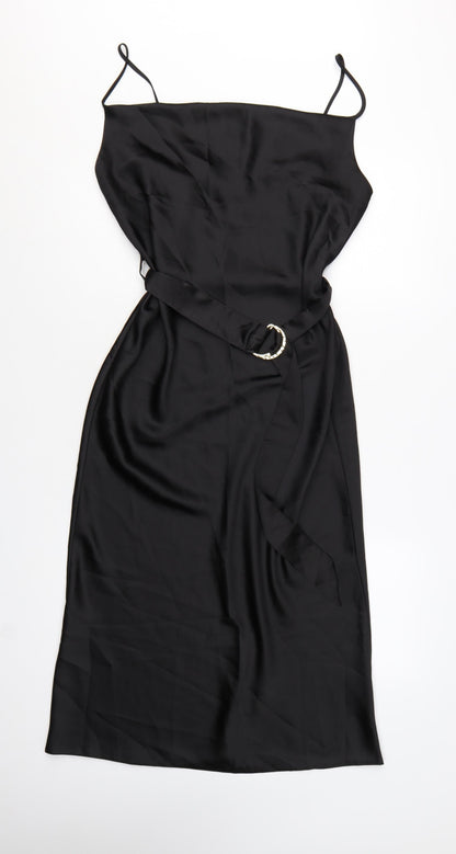 River Island Women’s Black Satin Midi Slip Dress Size 12 Belted
