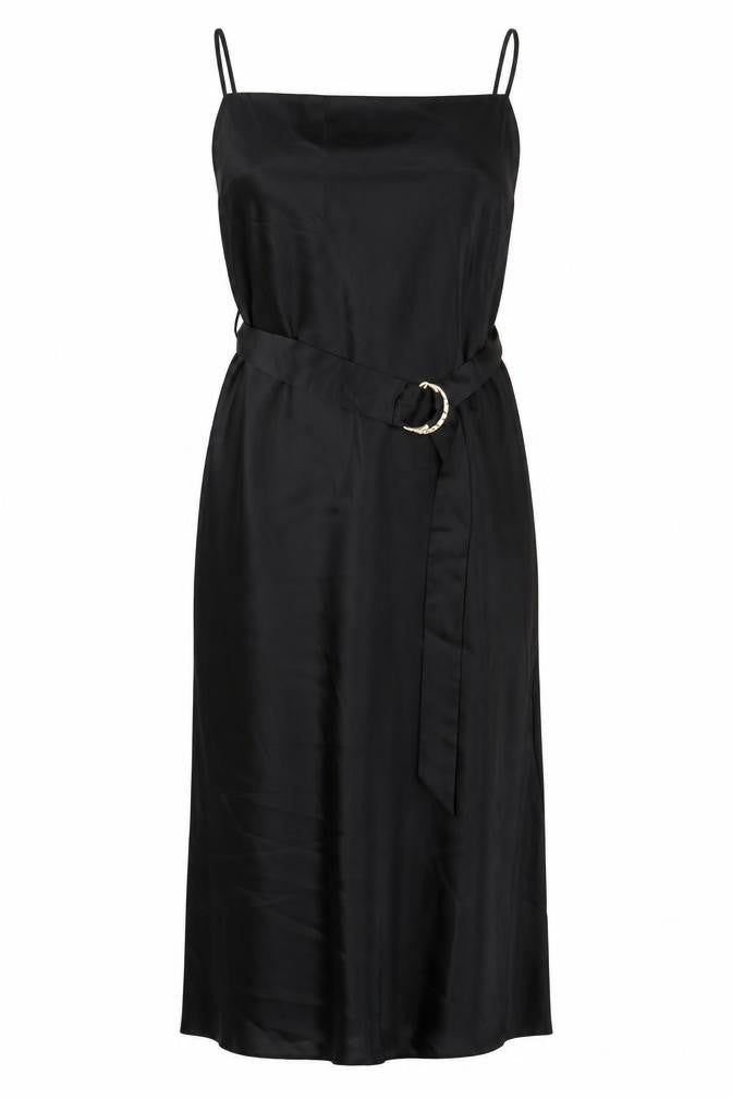 River Island Women’s Black Satin Midi Slip Dress Size 12 Belted