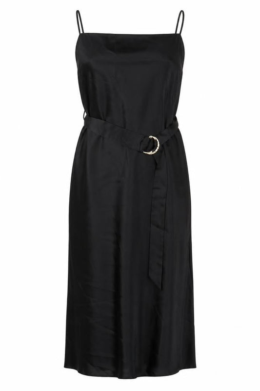 River Island Women’s Black Satin Midi Slip Dress Size 12 Belted