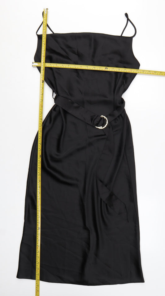 River Island Women’s Black Satin Midi Slip Dress Size 12 Belted
