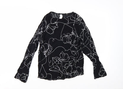 Next Women's Black Floral Viscose Long Sleeve Tunic Blouse Size 12