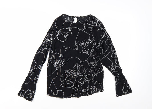 Next Women's Black Floral Viscose Long Sleeve Tunic Blouse Size 12