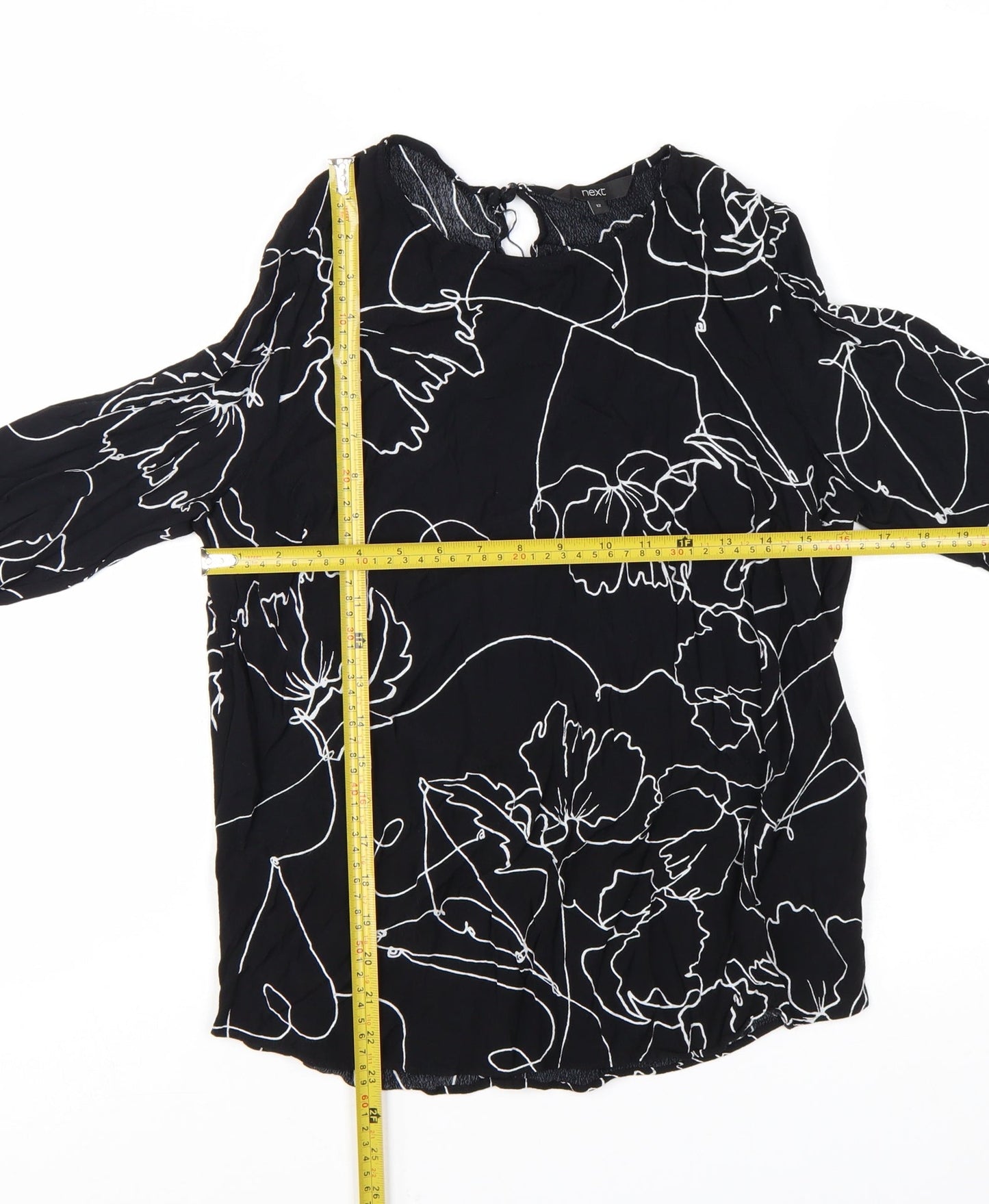Next Women's Black Floral Viscose Long Sleeve Tunic Blouse Size 12