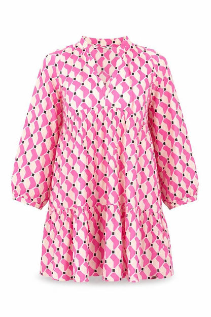 ZARA Women Pink Geometric Smock Dress Size 14 3/4 Sleeve V-Neck