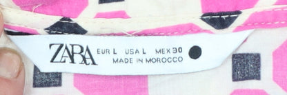 ZARA Women Pink Geometric Smock Dress Size 14 3/4 Sleeve V-Neck