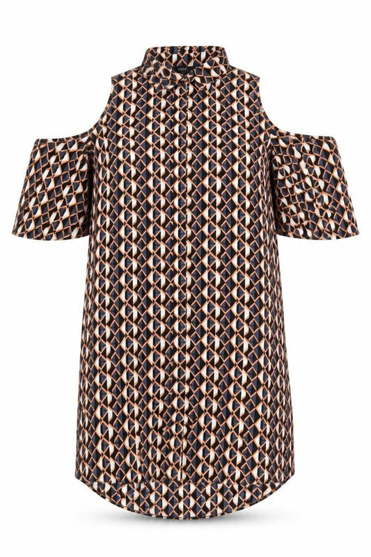 Front view of Papaya Women’s Multicoloured Geometric Cold Shoulder Shirt Dress, size UK 16