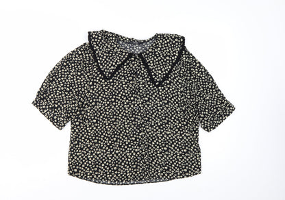 George Women’s Black Animal Print Collared Short Sleeve Blouse Size 14