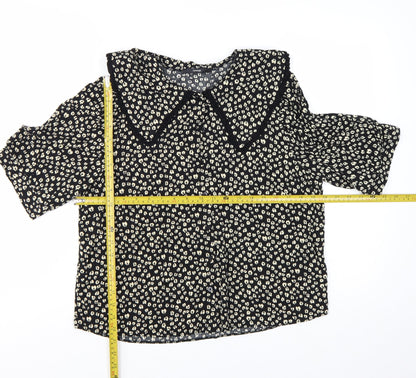 George Women’s Black Animal Print Collared Short Sleeve Blouse Size 14