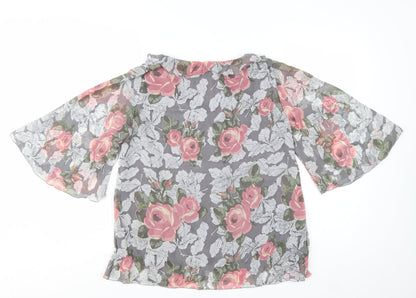 Amari Women’s Grey Floral Chiffon Tunic Blouse Size S V-Neck Flared Sleeve