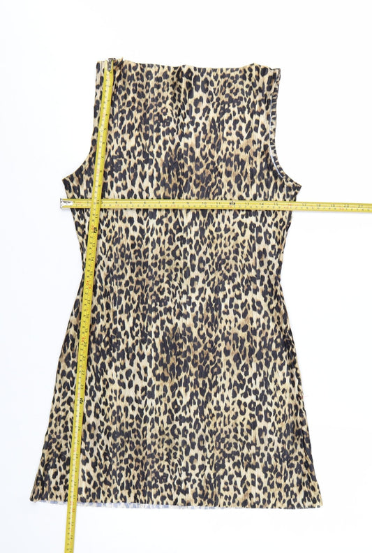 Topshop Women’s Brown Leopard Print Sleeveless Shift Dress UK 12-14