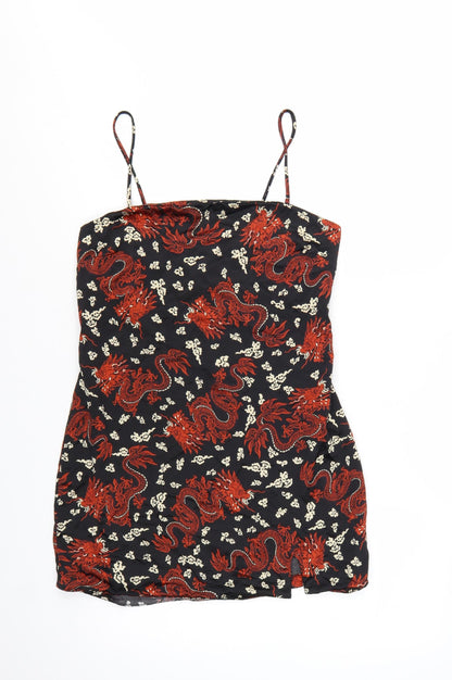 ZARA Women Black Red Dragon Print Slip Mini Dress Size 12