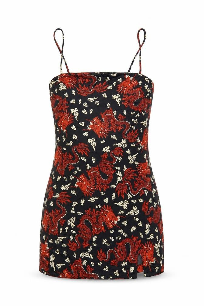 ZARA Women Black Red Dragon Print Slip Mini Dress Size 12