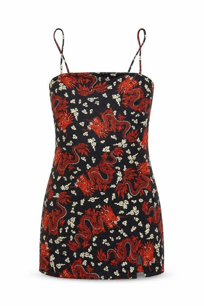 ZARA Women Black Red Dragon Print Slip Mini Dress Size 12
