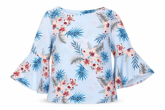Bonmarché Women's Blue Floral Bell Sleeve Tunic Blouse Size 12