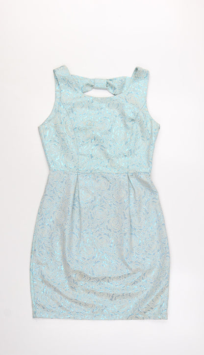 Yumi Women's Blue Floral Jacquard Knee Length Bodycon Sleeveless Dress Size 10