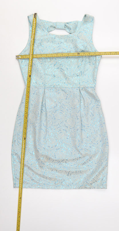 Yumi Women's Blue Floral Jacquard Knee Length Bodycon Sleeveless Dress Size 10