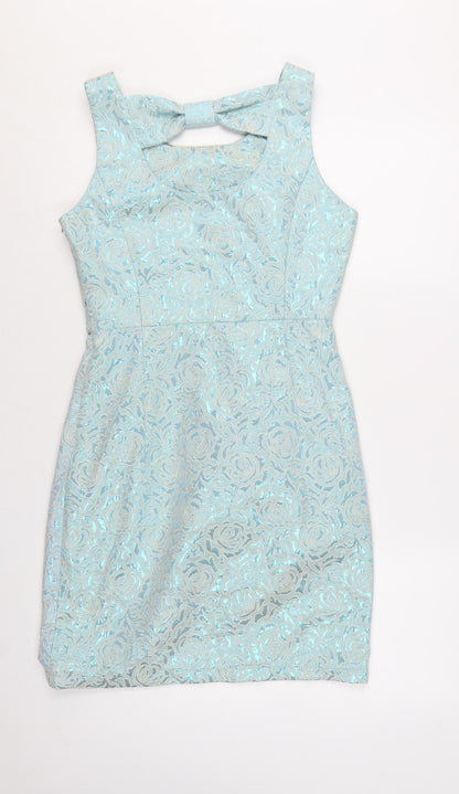 Yumi Women's Blue Floral Jacquard Knee Length Bodycon Sleeveless Dress Size 10