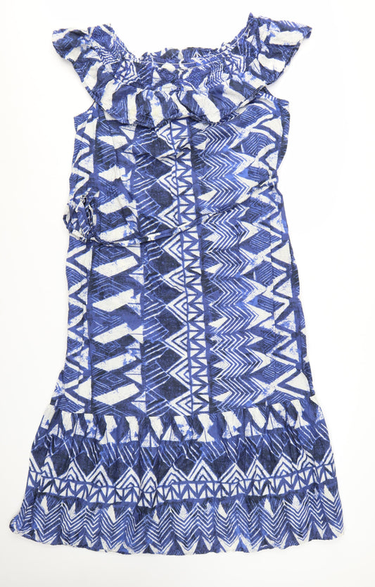 Papaya Women’s Blue Geometric A-Line Cotton Summer Dress Size 16