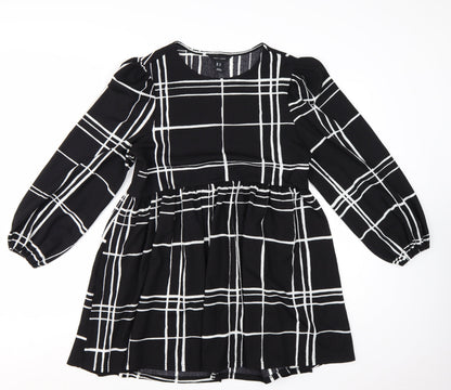 New Look Women Black Check Long Sleeve A-Line Dress Size 12